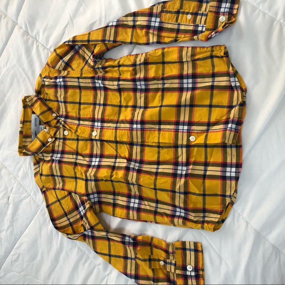 Boys size 8 yellow gold plaid button down shirt